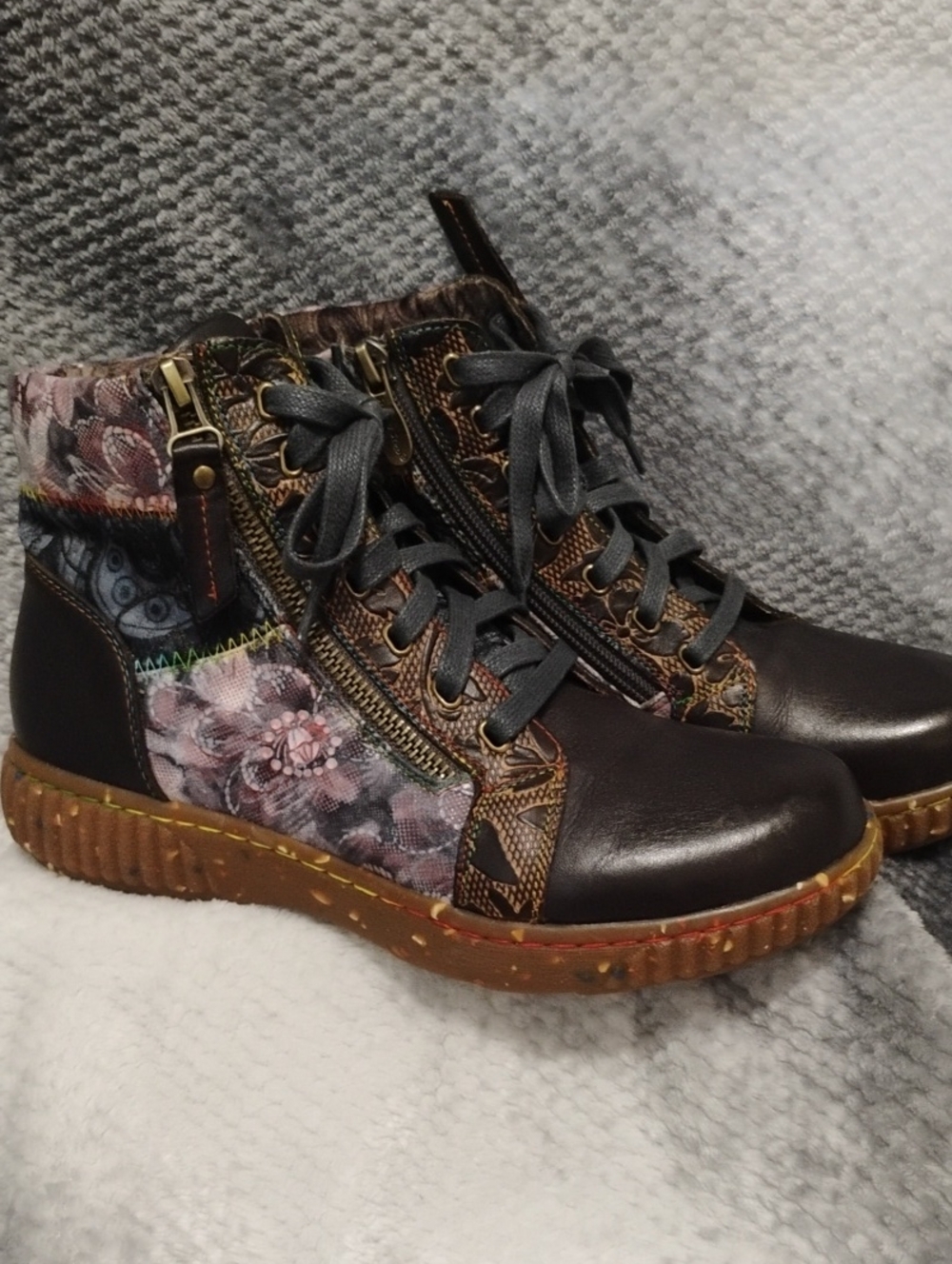 Spring Step L'Artiste Mixed-Media Floral Lace-Up Ankle Boots